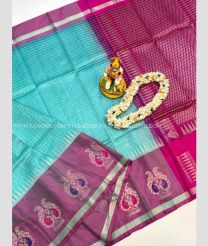 Turquoise and Deep Pink color Kollam Pattu handloom saree with all over checks design -KOLP0001706