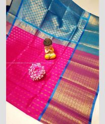 Pink and Blue Ivy color kuppadam pattu handloom saree with all over buties with kanchi border design -KUPP0096736