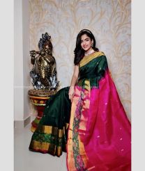 Pine Green and Pink color uppada pattu handloom saree with all over nakshtra buties with pochampally border design -UPDP0020731