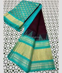 Chocolate and Turquoise color kuppadam pattu handloom saree with plain with big temple and rudraksha kanchi border design -KUPP0096808
