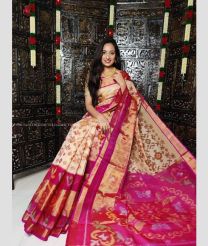 Cream and Pink color Ikkat sico handloom saree with pochampalli ikkat design -IKSS0000442