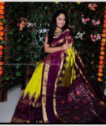 Yellow and Scarlet color pochampally ikkat pure silk handloom saree with pochampally ikkat design -PIKP0036779