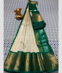 Cream and Forest Fall Green color mangalagiri pattu sarees with kanchi border design -MAGP0026714
