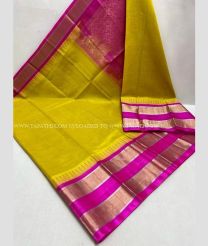 Golden Yellow and Pink color kuppadam pattu handloom saree with plain with temple and silver and gold kaddi border design -KUPP0096660