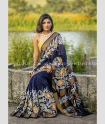 Navy Blue and Golden Brown color linen sarees with all over digital printed design -LINS0003707