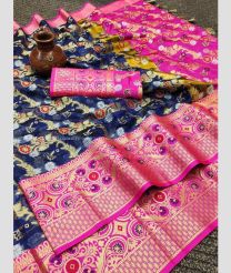 Navy Blue and Pink color Lichi sarees with beautiful gold zari weaving with mina butta work design -LICH0000388