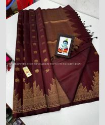 Dark Maroon color soft silk kanchipuram sarees with all over gold jari buties with one side temple gold jari border design -KASS0000962