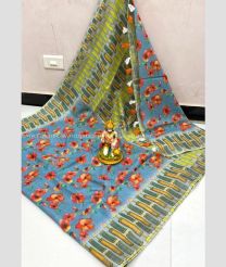 Grey and Acid Green color linen sarees with all over printed design -LINS0003801