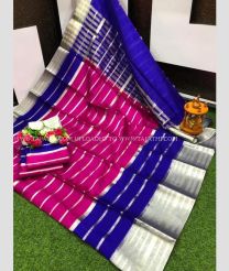 Deep Pink and Royal Blue color Kora handloom saree with all over stripes design -KORS0000134