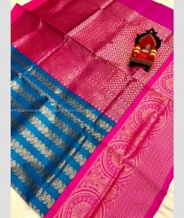 Aqua Blue and Pink color Chenderi silk handloom saree with zari border saree design -CNDP0009607