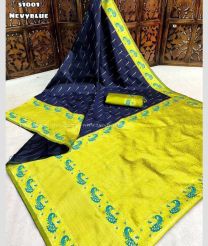 Black and Mustard Yellow color Kora handloom saree with thread weaving with contrast peacock weaving border design -KORS0000083