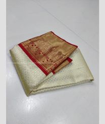 Half White and Red color kanchi pattu handloom saree with all over hand woven with 2g pure jari exclusive pattern border design -KANP0013106