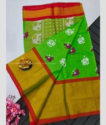 Parrot Green and Red color Uppada Soft Silk handloom saree with all over ikkat design with kaddi border -UPSF0003425