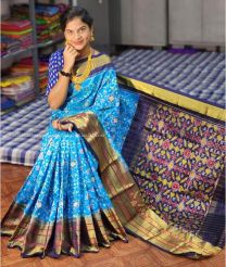 Sky Blue and Navy Blue color pochampally ikkat pure silk handloom saree with pochampalli ikkat with kanchi border saree design -PIKP0016737