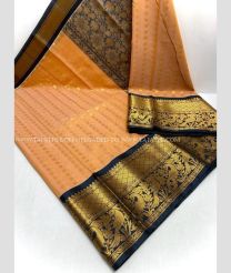 Peach and Dark Navy Blue color Chenderi silk handloom saree with all over buties with kuppadam border design -CNDP0015771