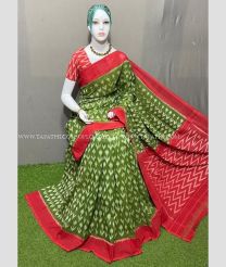 Mehendi Green and Red color pochampally Ikkat cotton handloom saree with all over pochampally ikkat design -PIKT0000520