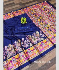 Navy Blue and Rose Pink color silk sarees with all over kalamkari printed design -SILK0017429