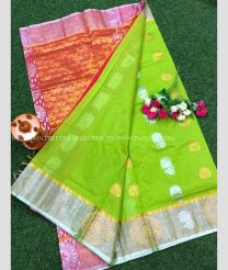 Red and Parrot Green color Chenderi silk handloom saree with all over buties with silver border design -CNDP0015013