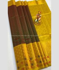 Chocolate and Mango Yellow color kuppadam pattu handloom saree with kanchi border design -KUPP0097129
