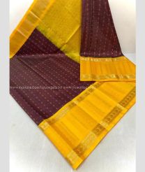 Chocolate and Mango Yellow color kuppadam pattu handloom saree with all over jari checks and buties with kuppadam kanchi border design -KUPP0097094