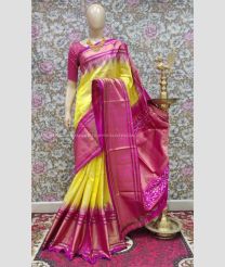 Yellow and Pink color pochampally ikkat pure silk handloom saree with all over checks saree design -PIKP0016121