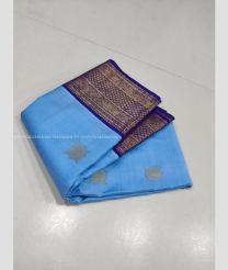 Sky Blue and Navy Blue color kanchi pattu handloom saree with all over golden jari buties with 2g pure jari traditional korvai pattern bridal design -KANP0013570