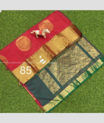 Red and Greenish Grey color Chenderi silk handloom saree with all over big peacock buties design -CNDP0016090