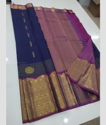 Navy Blue and Magenta color kanchi pattu handloom saree with big border design -KANP0013732