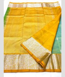 Aquamarine and Mustard Yellow color venkatagiri pattu handloom saree with all over silver buties design -VAGP0000882