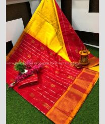 Red and Yellow color Kollam Pattu handloom saree with all over buties saree design -KOLP0000776