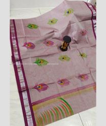 Baby Pink and Plum Velvet color Uppada Cotton handloom saree with all over brush printed design -UPAT0004514