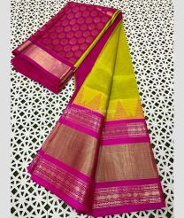 Acid Green and Deep Pink color kuppadam pattu handloom saree with plain with big temple and rudraksha kanchi border design -KUPP0096811