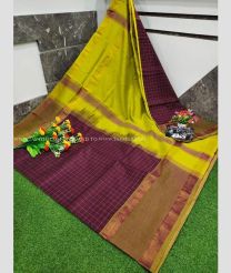Plum Velvet and Acid Green color Uppada Soft Silk handloom saree with all over mahanati checks design -UPSF0003873