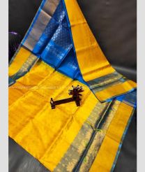 Yellow and Blue color uppada pattu handloom saree with all over buties with anchulatha border design -UPDP0021171