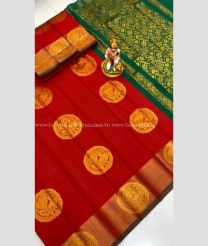 Red and Green color Chenderi silk handloom saree with all over peacock buties design -CNDP0015739
