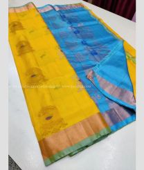 Yellow and Light BLue color soft silk kanchipuram sarees with kaddy border saree design -KASS0000313