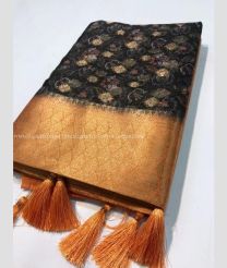 Black and Carrot Orange color Kora handloom saree with all over 3d digital print design -KORS0000059