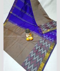 Grey and Royal Blue color Tripura Silk handloom saree with plain with big pochampally ikkat border design -TRPP0008512