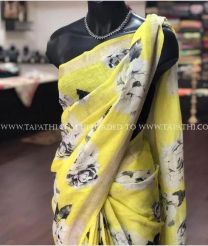 Lemon Yellow and Cream color linen sarees with all over digital printed design -LINS0003694