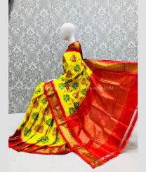 Yellow and Red color pochampally ikkat pure silk sarees with all over pochampally ikkat design -PIKP0037890