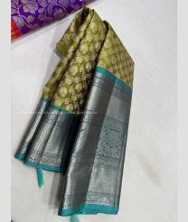 Mehendi Green and Turquoise color kanchi pattu handloom saree with all over body design with big border -KANP0008020
