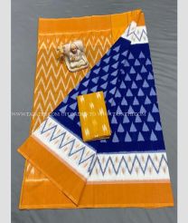 Mustard Yellow and Blue color pochampally Ikkat cotton handloom saree with special marthas patterns design -PIKT0000602