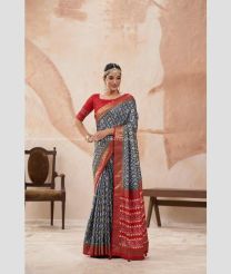Grey and Red color silk sarees with foil print saree design -SILK0003508