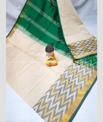 Half White and Pine Green color Tripura Silk handloom saree with plain with big pochampally ikkat border design -TRPP0008519