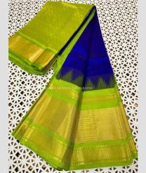 Royal Blue and Parrot Green color kuppadam pattu handloom saree with plain with big temple and rudraksha kanchi border design -KUPP0096801