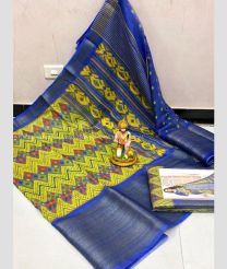 Yellow and Blue color linen sarees with all over kalamkari printed with kanchi border design -LINS0003741