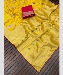 Yellow and Deep Pink color Banarasi sarees with jaipuri hand daying design -BANS0018784