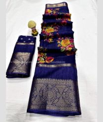 Royal Blue color silk sarees with all over floral printed with heavy 9 by 2 inch jacquard border design -SILK0017561