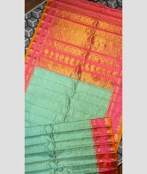 Turquoise and Rose Pink color gadwal pattu handloom saree with all over checks and buties with temple kothakomma kuthu interlock border design -GDWP0001726