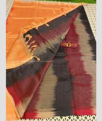 Saffron and Black color mangalagiri pattu handloom saree with plain and ikkat design -MAGP0026448
